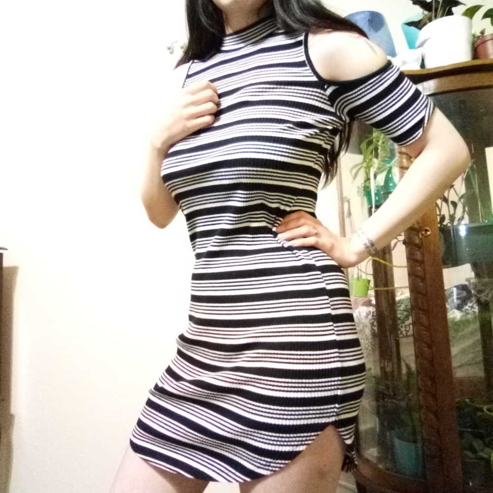 Mock Neck Cold Shoulder Black and White Dress